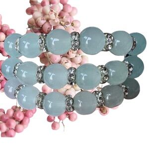 Triple Strand Aqua Bead Bracelet with Rhinestone Spacers and Silver-Tone Accents